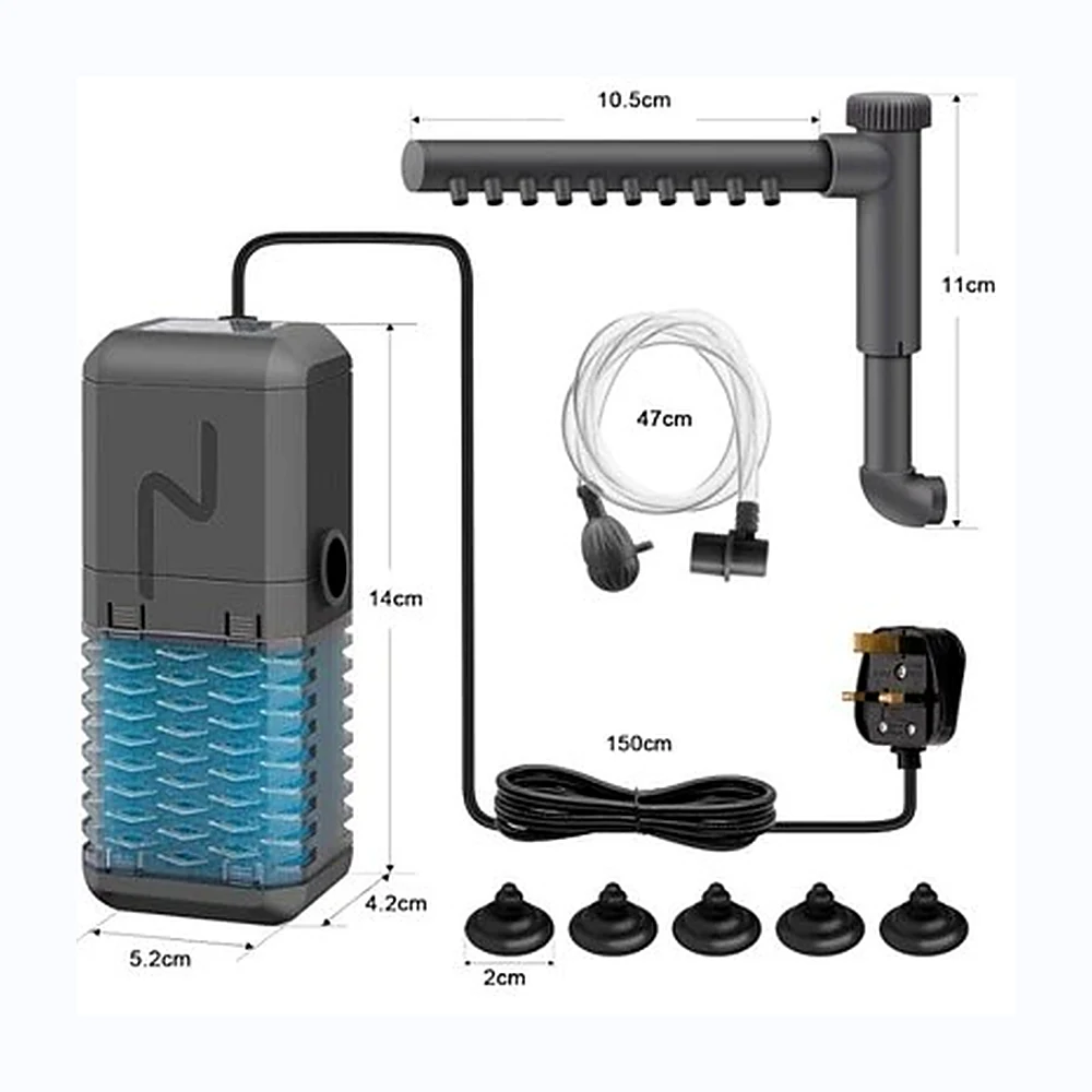 Internal aquarium filter kit with spray bar, tubing, power adapter and suction mounts