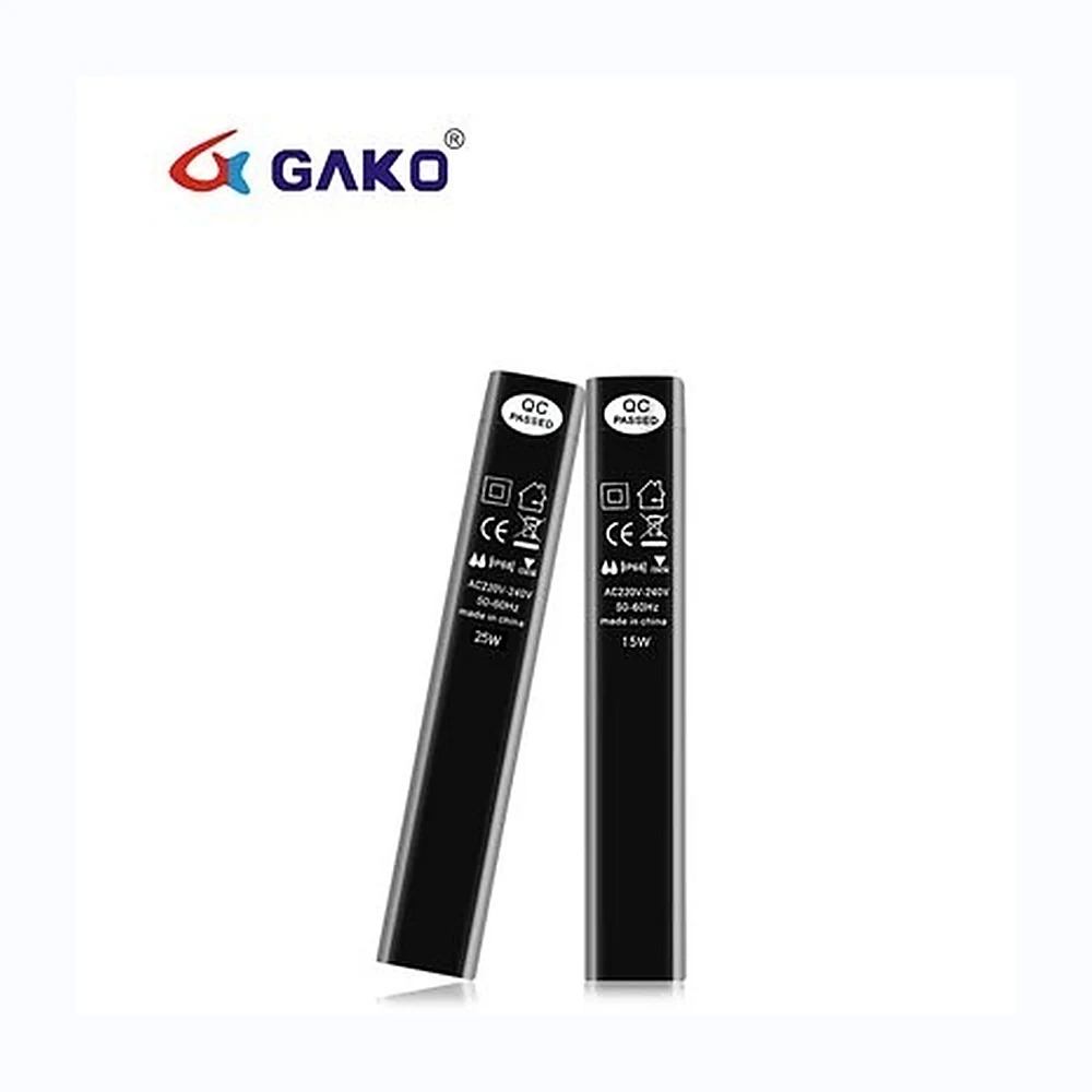 Two slim black aquarium heater units shown from front and rear